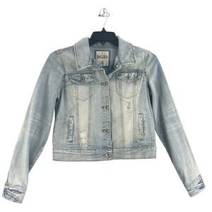 Y2K Mudd Womens Denim Jacket Blue Jean Large 100% Cotton Ripped Western Rodeo